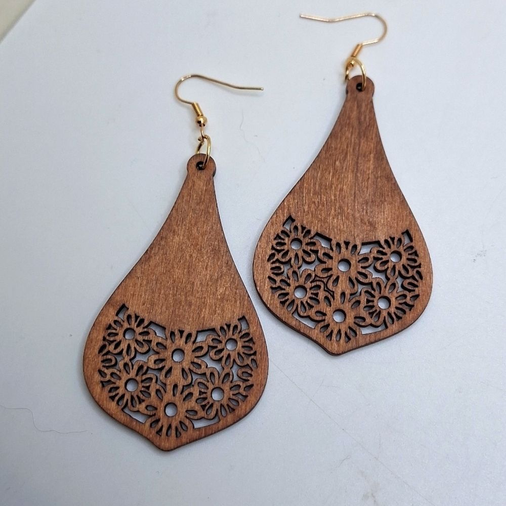 Brown wood floral hollowed out teardrop earrings